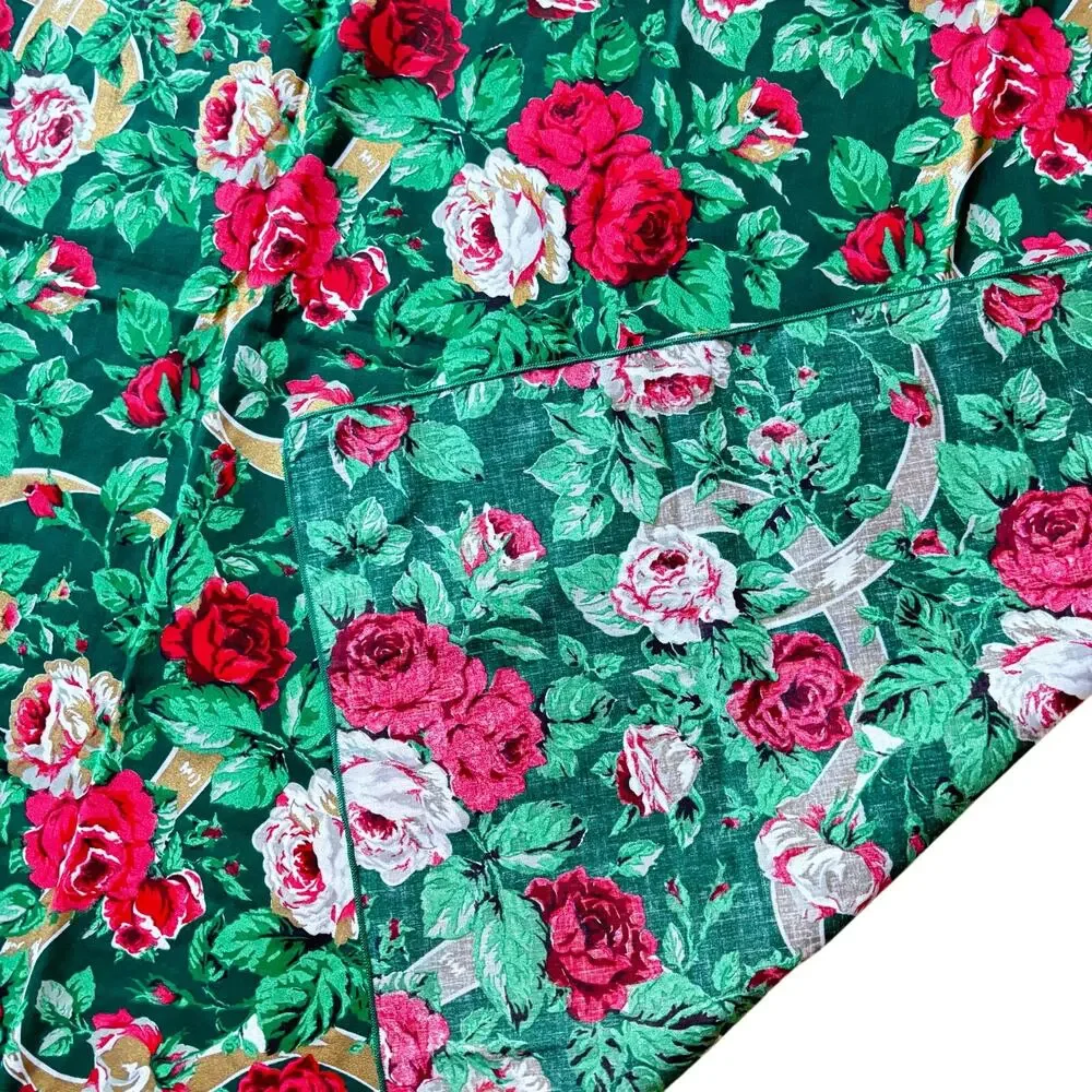 Vintage Christmas Tablecloth vivid red pink roses greenery & gold ribbons print